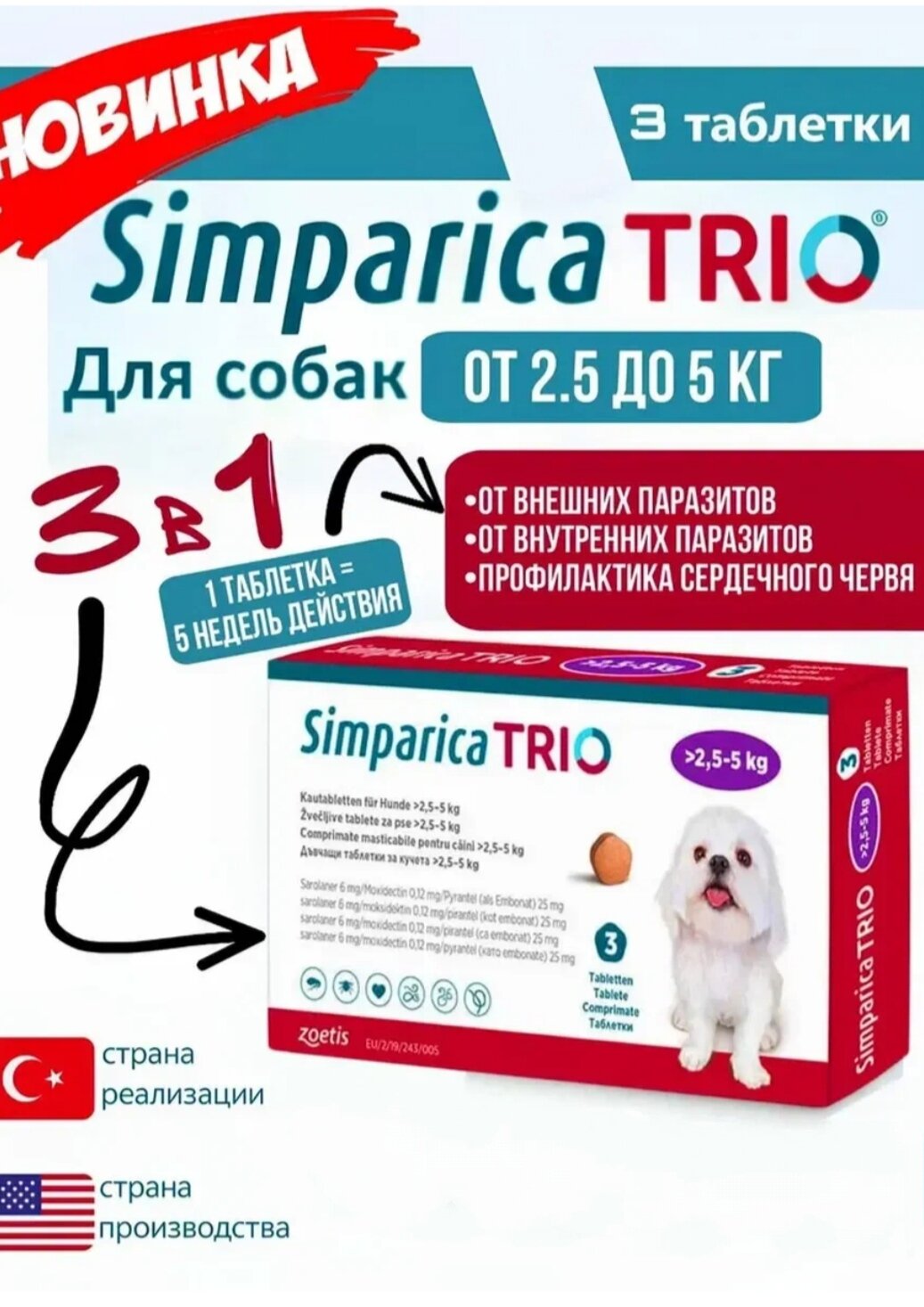 Симпарика Трио 2,5–5 кг, 3 таблетки